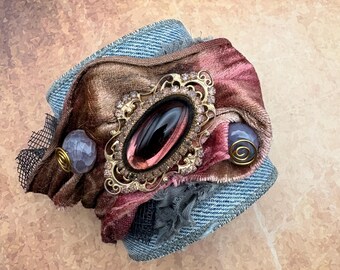 Cuff Bracelet, with Purple Velvet, Vintage 70's brooch and amethyst gemstones