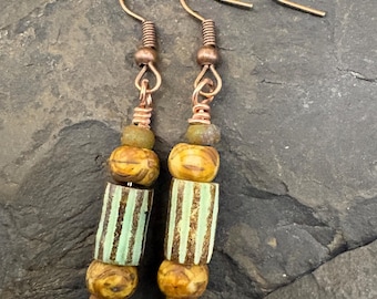 Dangle Earrings, Czech Beads, Carved tube beads and copper ear wires