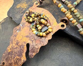 Copper pendant with small beaded area, Boho Design, beaded necklace