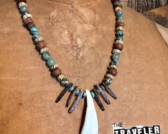 Tribal African Turquoise Beaded Necklace, Olive Wood, Bone Pendant