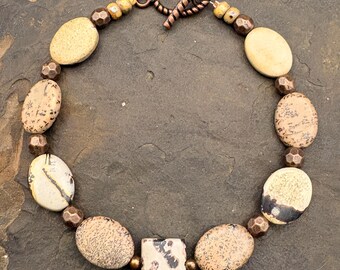 Picture Jasper, Beaded Bracelet, Tans and Brown, with copper spacers