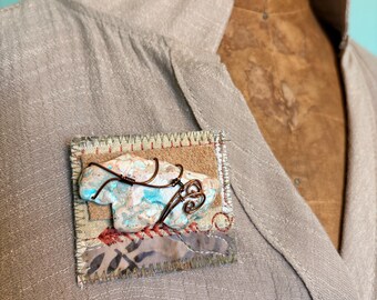 Textile Art Brooch, Jasper Gemstone with wire wrapping, Blues and Browns