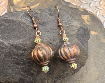 Dangle Earrings, with a hollow copper focal bead and Czech Beads