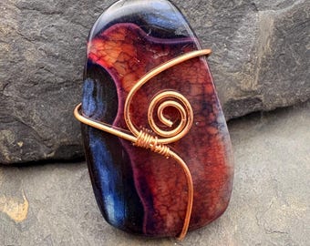 Chalcedony Jasper, pendant with copper wire wrapping on copper chain necklace