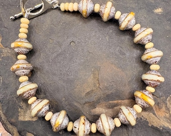 Czech glass beaded bracelet, tan beads with silver glass overlay