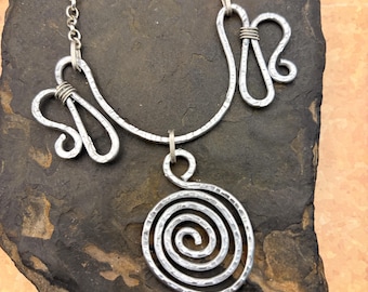 Silver Aluminum, Large Wire Pendant, on silver tone chain, Statement Necklace
