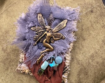 Fiber Brooch, Brass Fairy, Faceted Beads, Pin Back