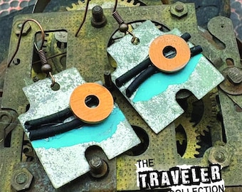 Post Apocalyptic Dangle Earrings: Mixed Media, Salvaged Metal