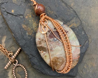 Wire Wrapped, Oval Jasper, Copper, Wire weaving, Boho Jewelry, Hippy Necklace, Natural Colors, Unisex, designsbyroyce