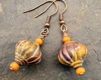Handmade Dangle Earrings: Copper Accent, Golden Yellow Czech Beads, Teal Patina