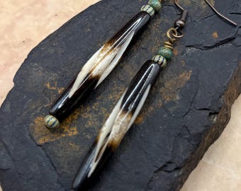 African Carved Bone dangle earrings, black and white