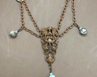 Brass filagree pendant with sea sediment blue gemstone, Victorian