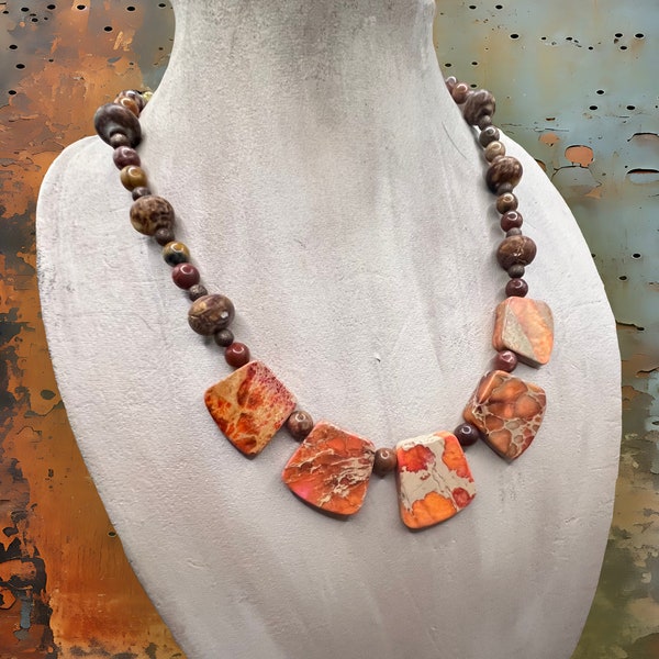 Orange Jasper, African Beads, Tibetan Agate, Statement Necklace, Boho Style, designsbyroyce