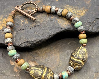 Beaded Bracelet, Czech beads and Scarabs with copper accents