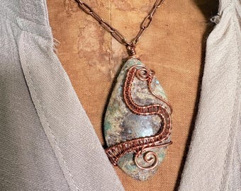 Wire Wrapped, Agate Pendant, Greens, Browns, Boho Style