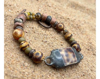 Beaded Bracelet, size large, with Tibetan Agate, Czech beads and copper beads