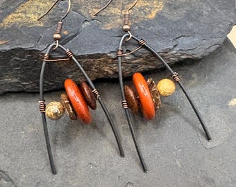 Tribal Vibe, Red Creek Jasper,  dangle earrings with wood, copper and steel