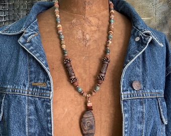 Boho Beaded Necklace: Turquoise, Agate, Wood - Designsbyroyce