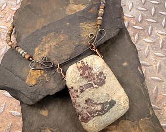 Chohua Jasper Pendant Necklace: Rustic Copper Wire, Czech Beads