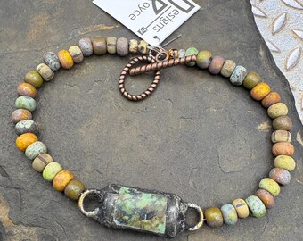 Boho Beaded, Bracelet, Size Large, Turquoise Focal, Czech Beads