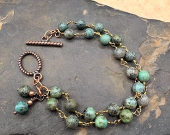 African Turquoise, chain beaded bracelet, with brass and copper