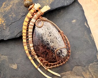 Jasper Pendant with copper wire and snake bones