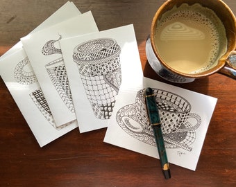 Zen Doodle Coffee Note Cards: Original Art Prints, Set of 4