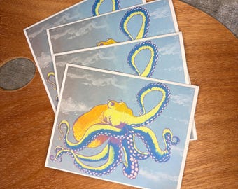 Octopus Note Card, Sets of 4 with white envelopes
