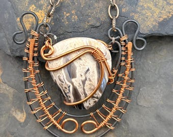 Jasper Pendant with copper wire wrapping on dark copper chain