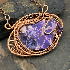 Purple Jasper, Wire Wrapped Pendant, Amethyst Beads, Copper Wire, Oval, designsbyroyce
