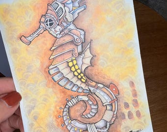 Steampunk Seahorse, set of 4 full color cards with envelopes
