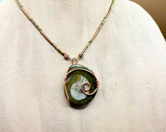 Ammonite Fossil Copper Pendant, Copper Wire Wrapped Pendant, Handmade Jewelry, Fossil Jewelry, Beaded Necklace, designsbyroyce