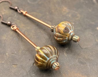 Boho Dangle earrings with copper and Czech glass beads