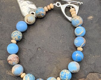 Light blue Jasper beaded bracelet with silver tone heart charm