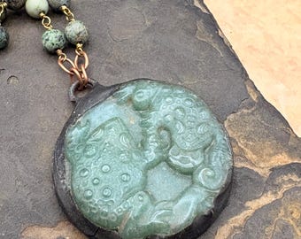 Aventurine, Pendant necklace with hand carved frog design and Jasper chain beaded necklace