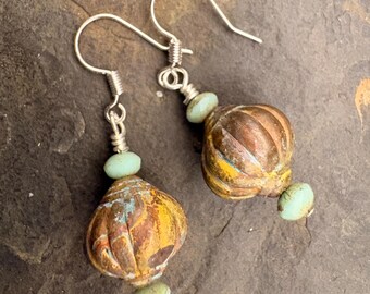 Handmade Dangle Earrings: Copper Accent, blue Czech Beads, Teal Patina