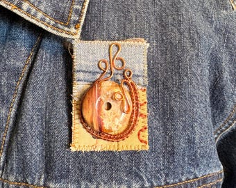 Textile Art Brooch, Jasper Donut with copper wire wrapping