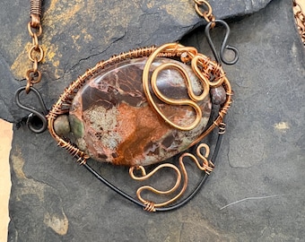 Gemstone, wire wrapped pendant, earthy color Jasper with copper wire, Boho Design