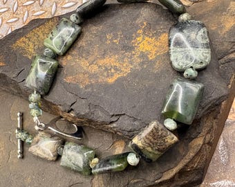 Green Kambaba Jasper gemstones with Turquoise spacer beaded bracelet