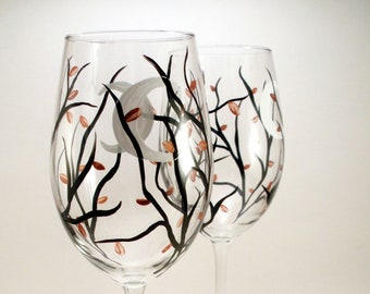 Hand painted wine glasses with crescent moon and autumn leaves, fall glassware set, set of 2