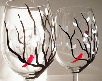 Hand painted wine glasses, dark branches with white leaves and red birds, love bird wine glasses, set of 2