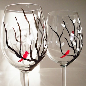 Hand painted wine glasses, dark branches with white leaves and red birds, love bird wine glasses, set of 2