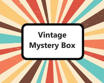 May include: A retro-style graphic with a white rectangle containing the words "Vintage Mystery Box" in black. The background features a burst of colorful stripes in shades of orange, yellow, brown, and teal, with a distressed texture.