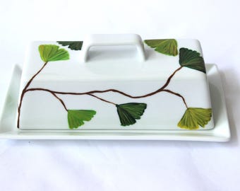 Ginkgo butter dish - Hand painted butter dish with ginkgo leaves, house warming gift