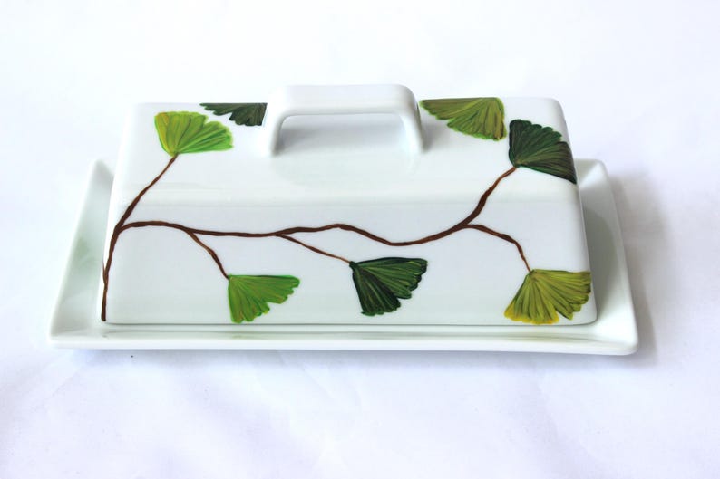 Ginkgo butter dish - Hand painted butter dish with ginkgo leaves, house warming gift