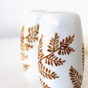 Hand painted salt and pepper shakers, gold ferns, painted fern floral S&P shakers image 8