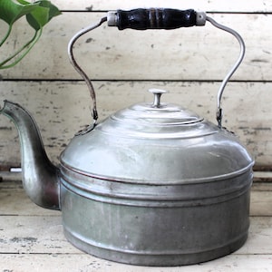 Vintage Metal Teapot Kettle with Wood Handle - Rustic Farmhouse Kitchen Décor