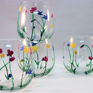 Hand Painted Wildflower Stemless Wine Glasses - Set of 4