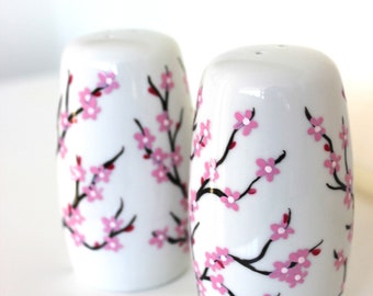 Hand painted salt and pepper shakers with cherry blossoms, painted cherry blossom floral S&P shakers