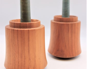 Pair of vintage teak candle holders - unique shape and mcm design